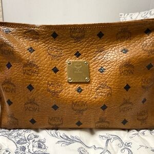 MCM Cognac Visetos Monogram Gold Plate Pouch Toiletry Bag